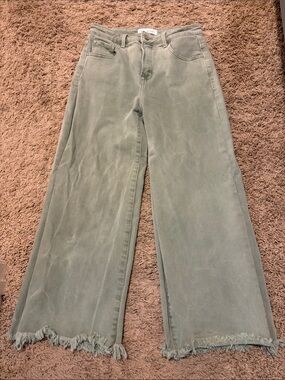 Risen Brand Wide Leg Frayed Hem Jeans - Sage Green